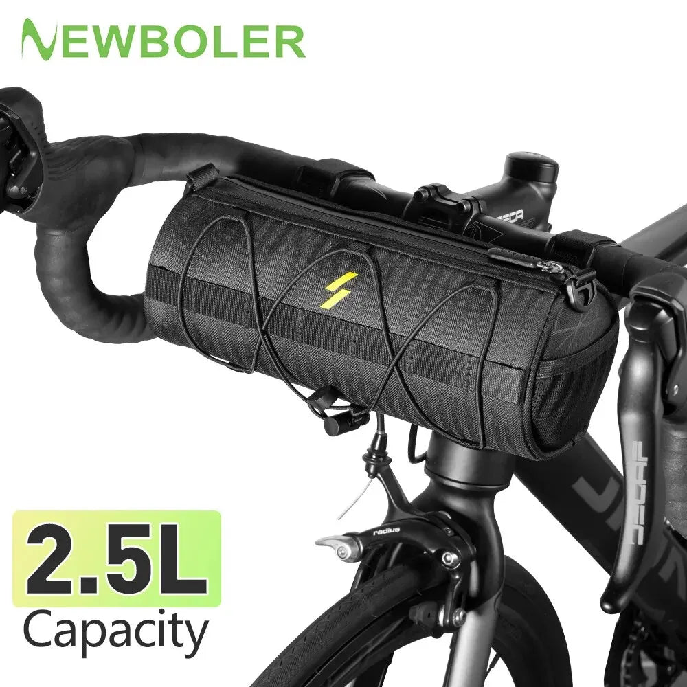 Black handlebar bicycle bag, compact frame pannier with zipper and mounting straps