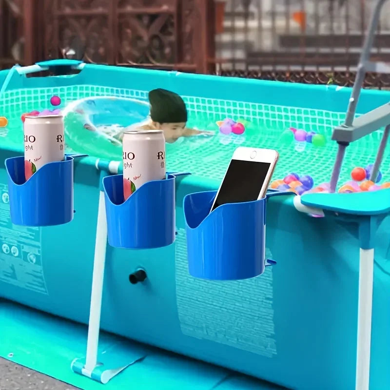 Blue plastic poolside storage rack with three cup holders for bottles and phone