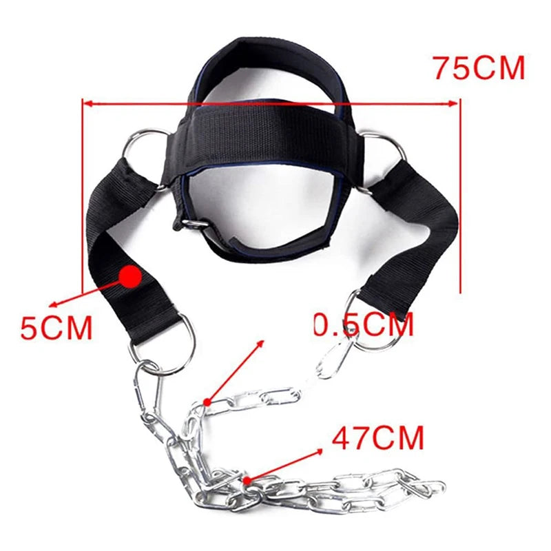 Black neck harness cap with chain links and adjustable straps for head and chin support