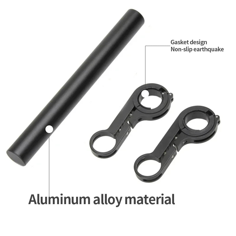 Black aluminum bike handlebar extender bar with non-slip clamp arms and gaskets