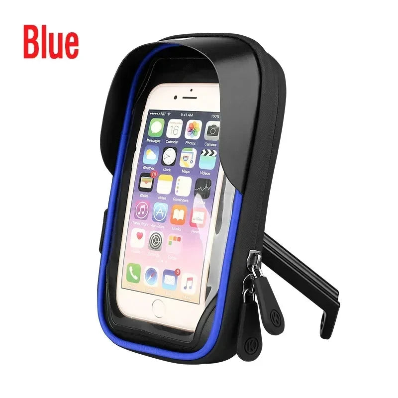 Black waterproof phone holder case with blue trim and front handlebar mount