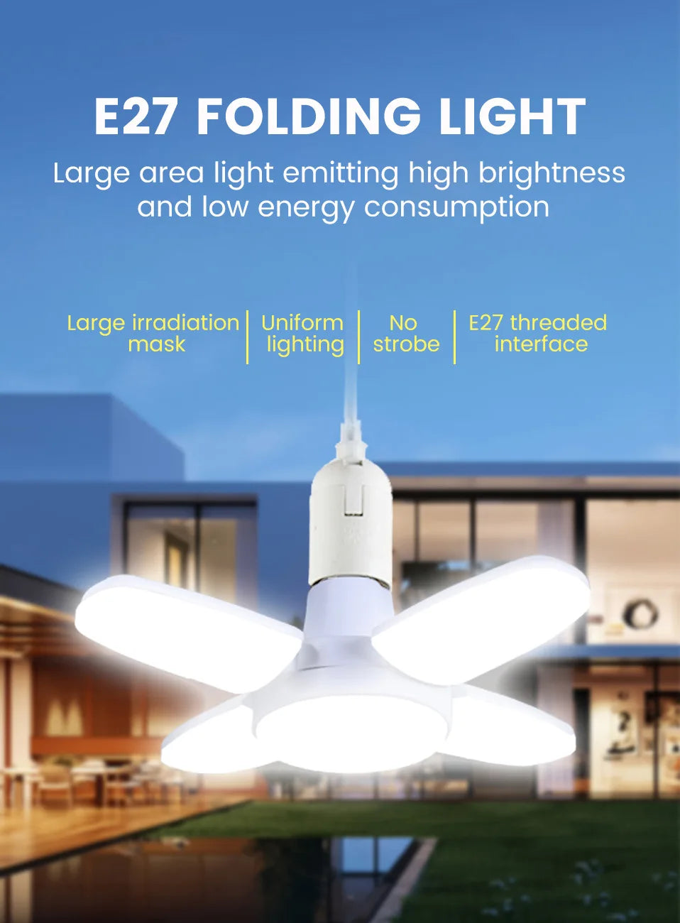 E27 folding LED light with four fan blades emitting bright white light