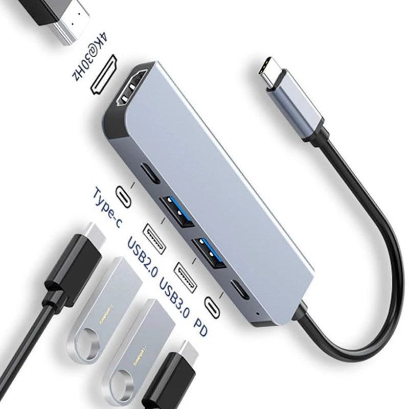 Aluminum USB-C multiport hub with Type-C input, USB 3.0 and PD charging ports