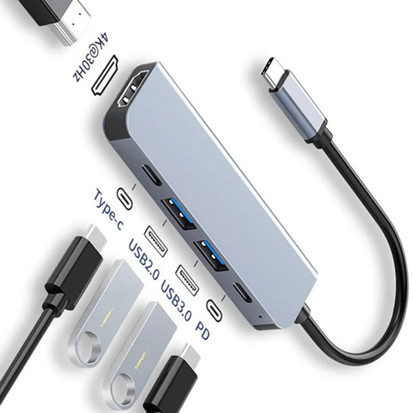 Aluminum USB-C multiport hub with Type-C input, USB 3.0 and PD charging ports