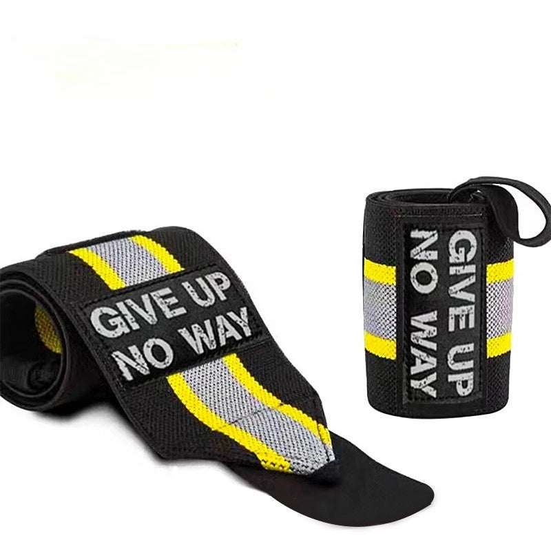 Wrist support brace wraps 2-pack, black with yellow stripe pattern and "GIVE UP NO WAY" text.