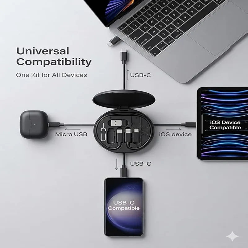 Universal compatibility adapter kit with USB-C connector and multiple port attachments