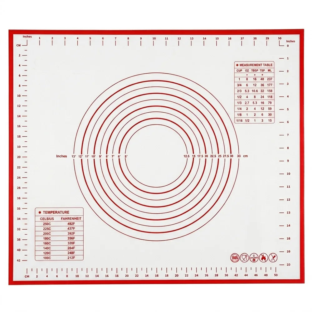 Silicone baking mat with concentric ring layout, measurement marks, and temperature conversion box