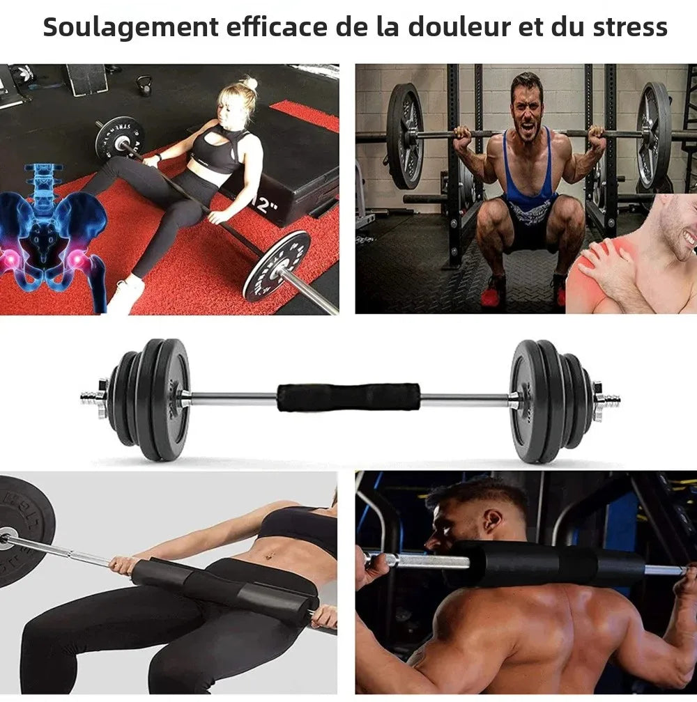 Multi-panel workout images featuring a barbell with black foam padding installed