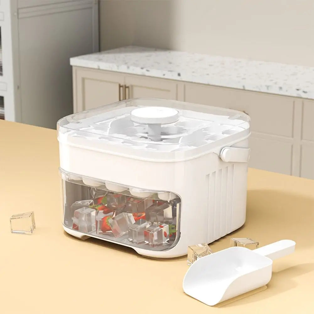 White ice cube maker with circular top and press handle accessory
