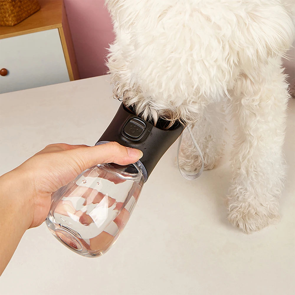 Pet water bottle with clear drinking spout attached to a small dog harness strap