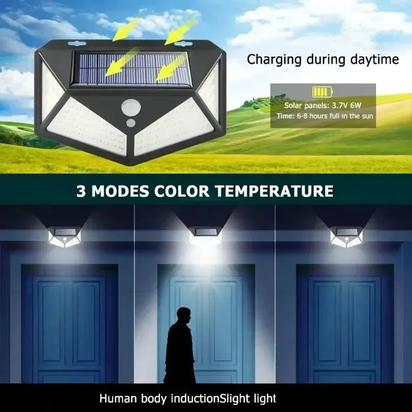 Solar motion sensor light with top solar panel charging and three LED light panels