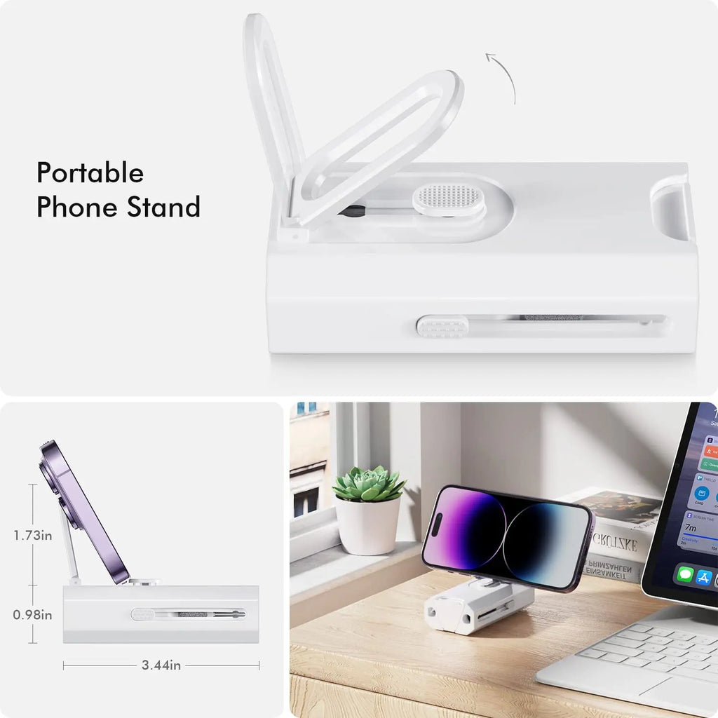 Portable phone cleaning stand with built-in brush and compartment
