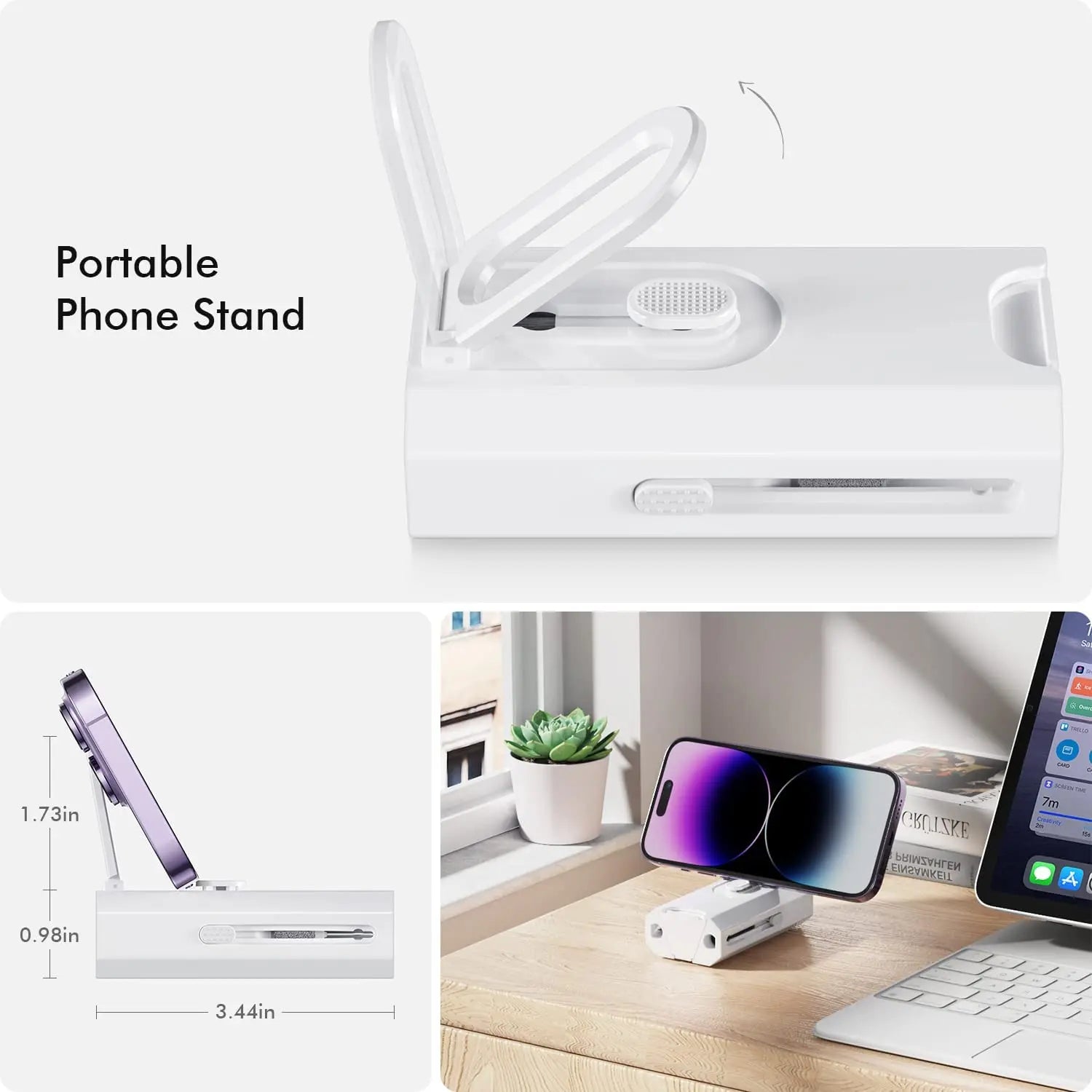 Portable phone cleaning stand with built-in brush and compartment