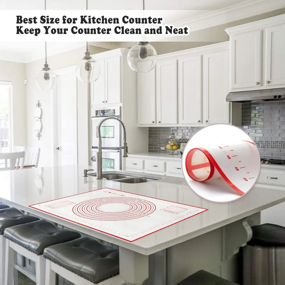 Silicone baking mat on countertop with red concentric rings and measurement lines