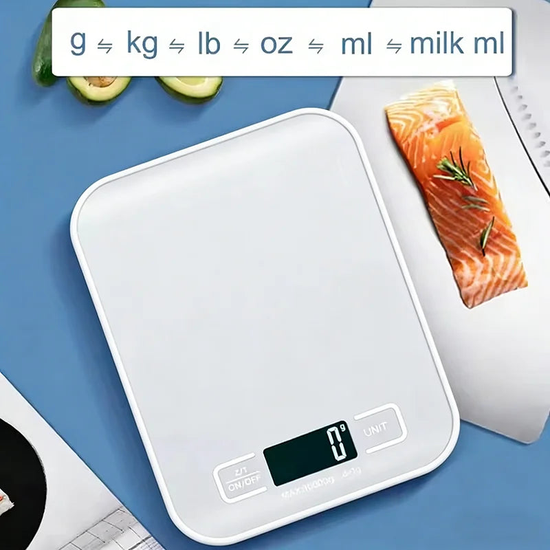 White digital kitchen scale with LED display and unit buttons, holding food items