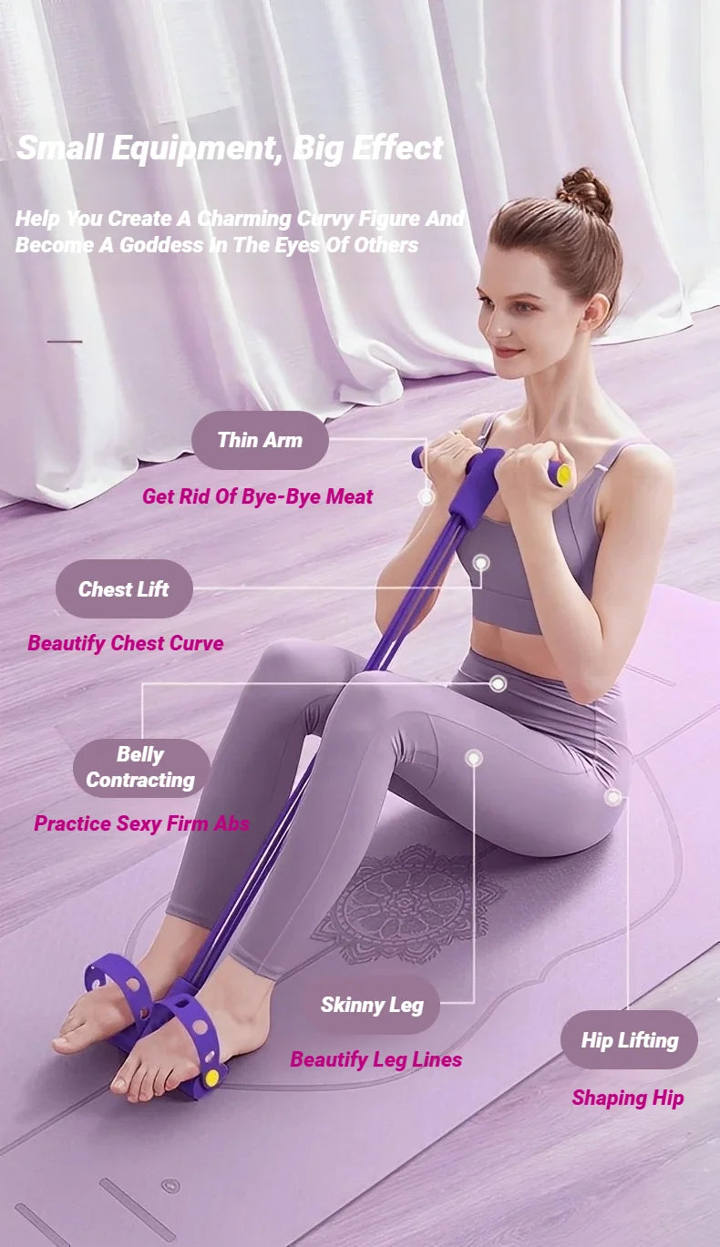 Purple pedal resistance band in use for arm, chest, and hip exercises with pedals.