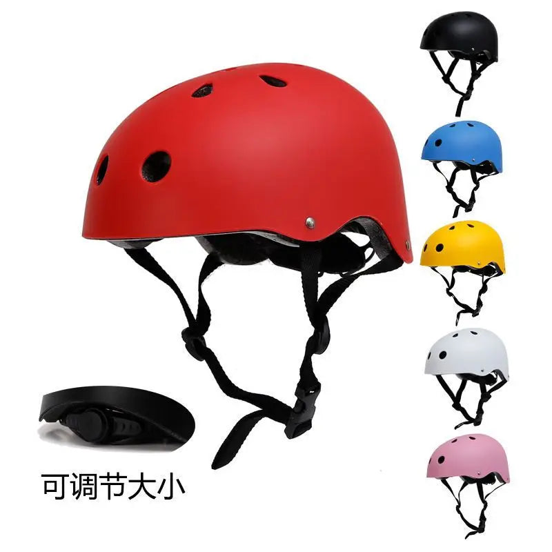 Children’s bike helmet, red shell with ventilation holes and adjustable chin strap.