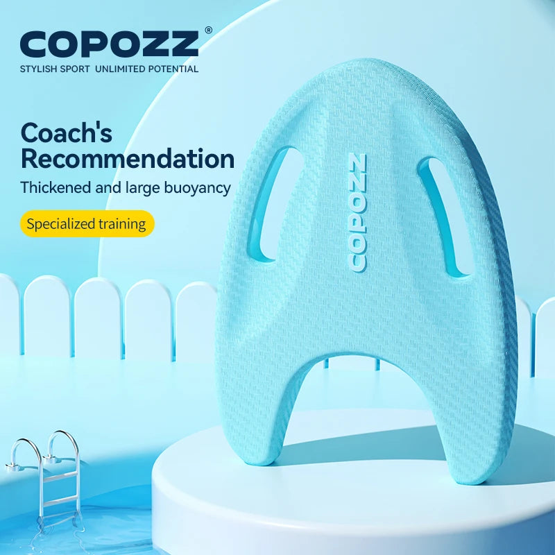 Turquoise EVA swimming float board with COPOZZ logo and large central buoyancy arch