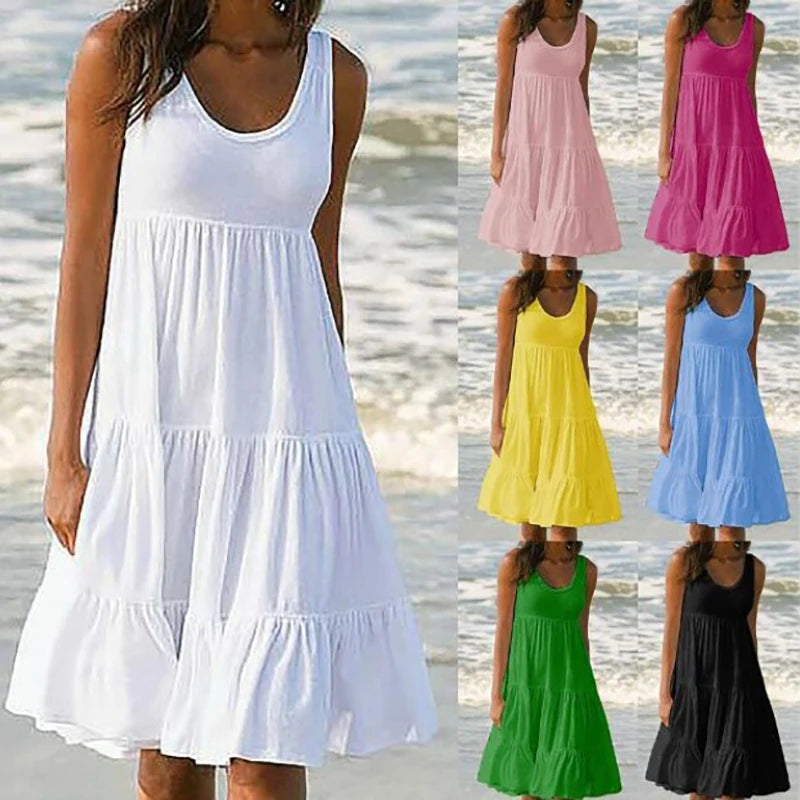 White sleeveless mini dress with tiered ruffle skirt and scoop neckline