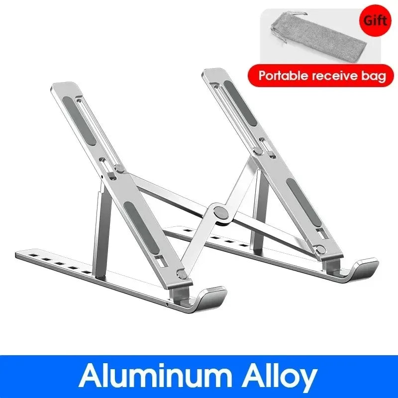 Adjustable foldable laptop stand with silver metal frame and perforated pads