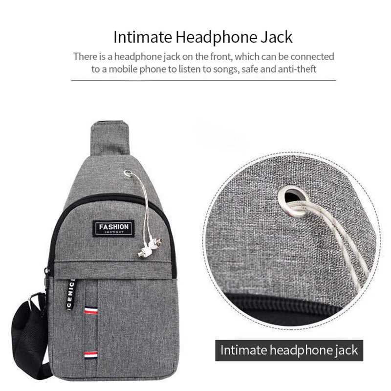 Gray sling fanny pack with front pocket and headphone-jack feature inset