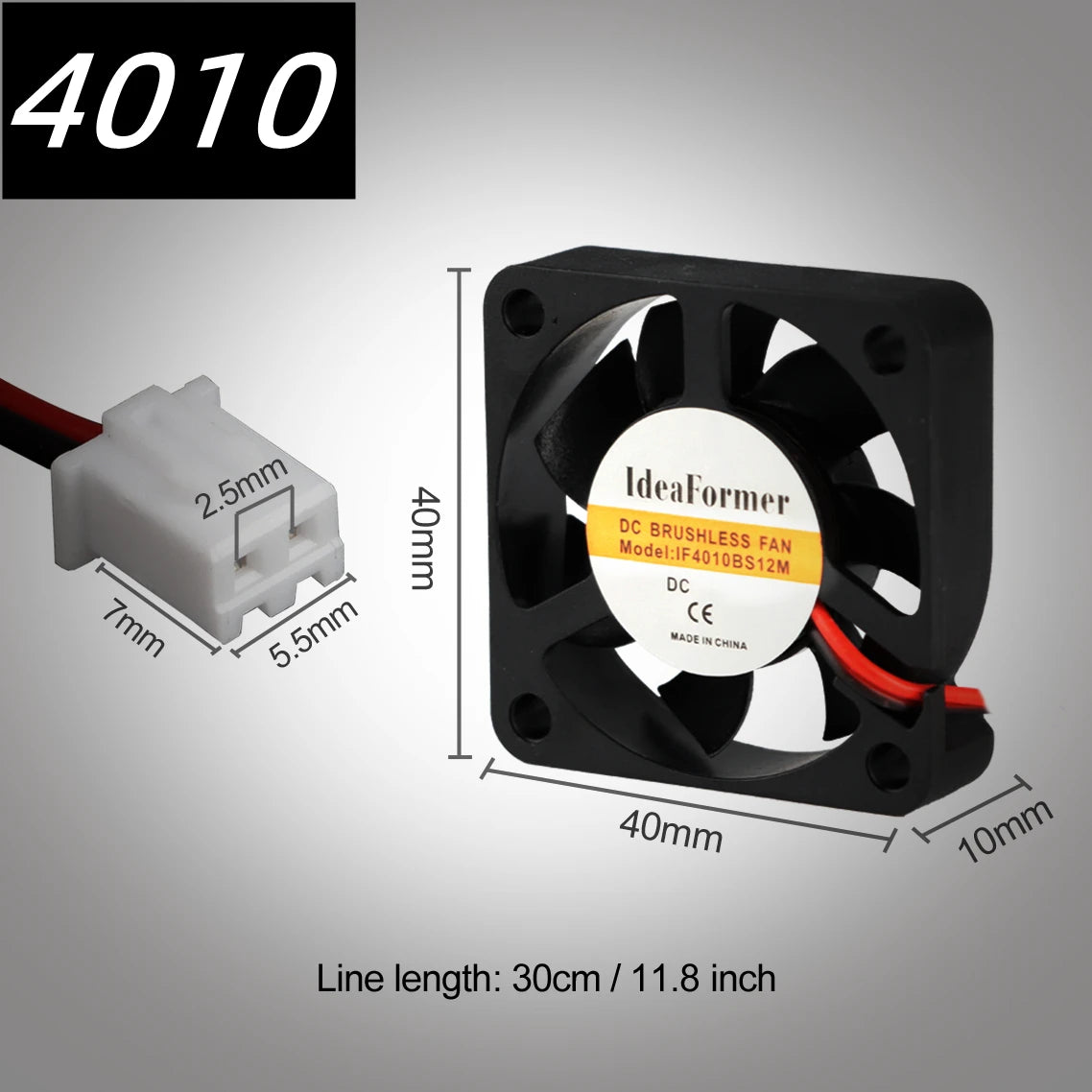 40mm brushless DC cooling fan with black frame and red/black 2-pin connector wires