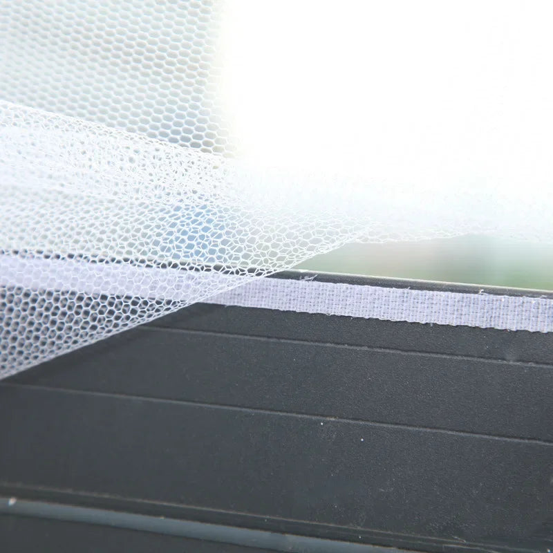 White anti-mosquito screen mesh with stitched edge and fastening strip