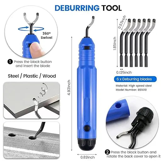 Blue deburring tool with 6 metal blades for cleaning and smoothing