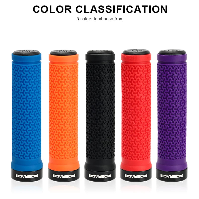 Color set of MTB bicycle handlebar grips: blue, orange, black, red, and purple