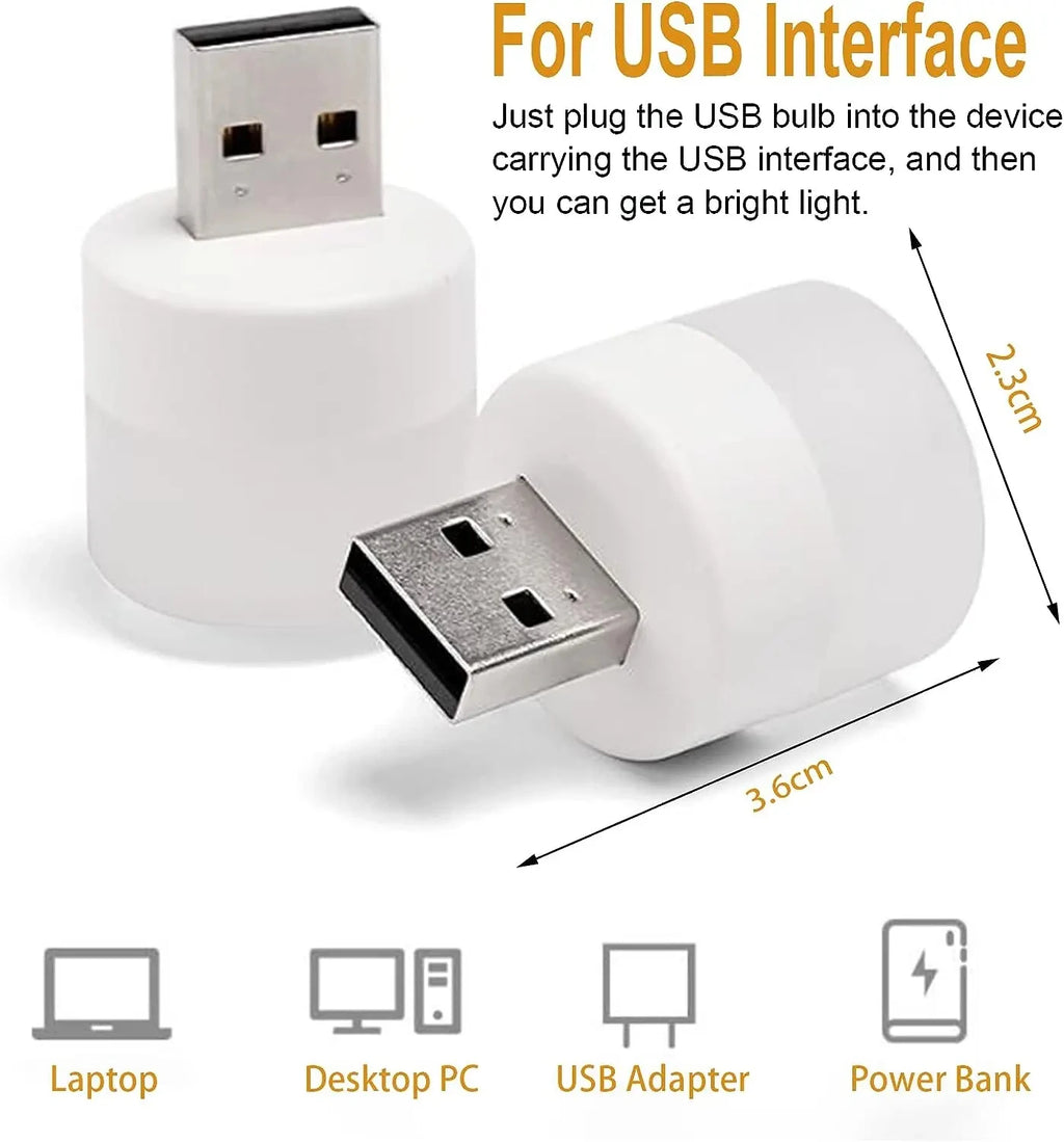 White USB night light bulb with two-prong USB plug, compact round lamp design