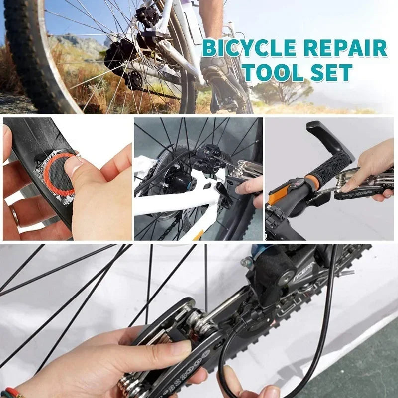 Bicycle repair tool set in use while adjusting a bike wheel near the handlebar
