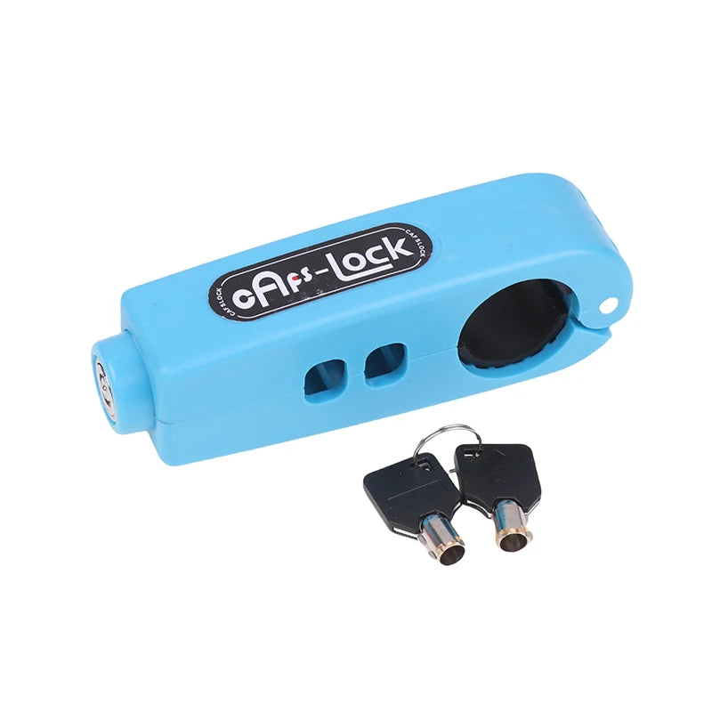 Bike handlebar grip lock, light blue housing with key cylinder and two keys