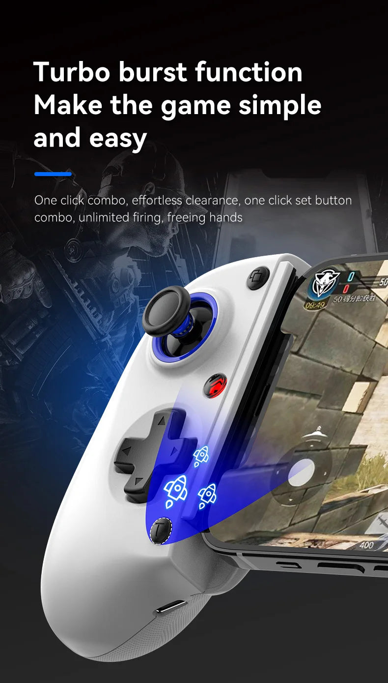 White gamepad controller angled view with thumbsticks, shoulder triggers, and back buttons