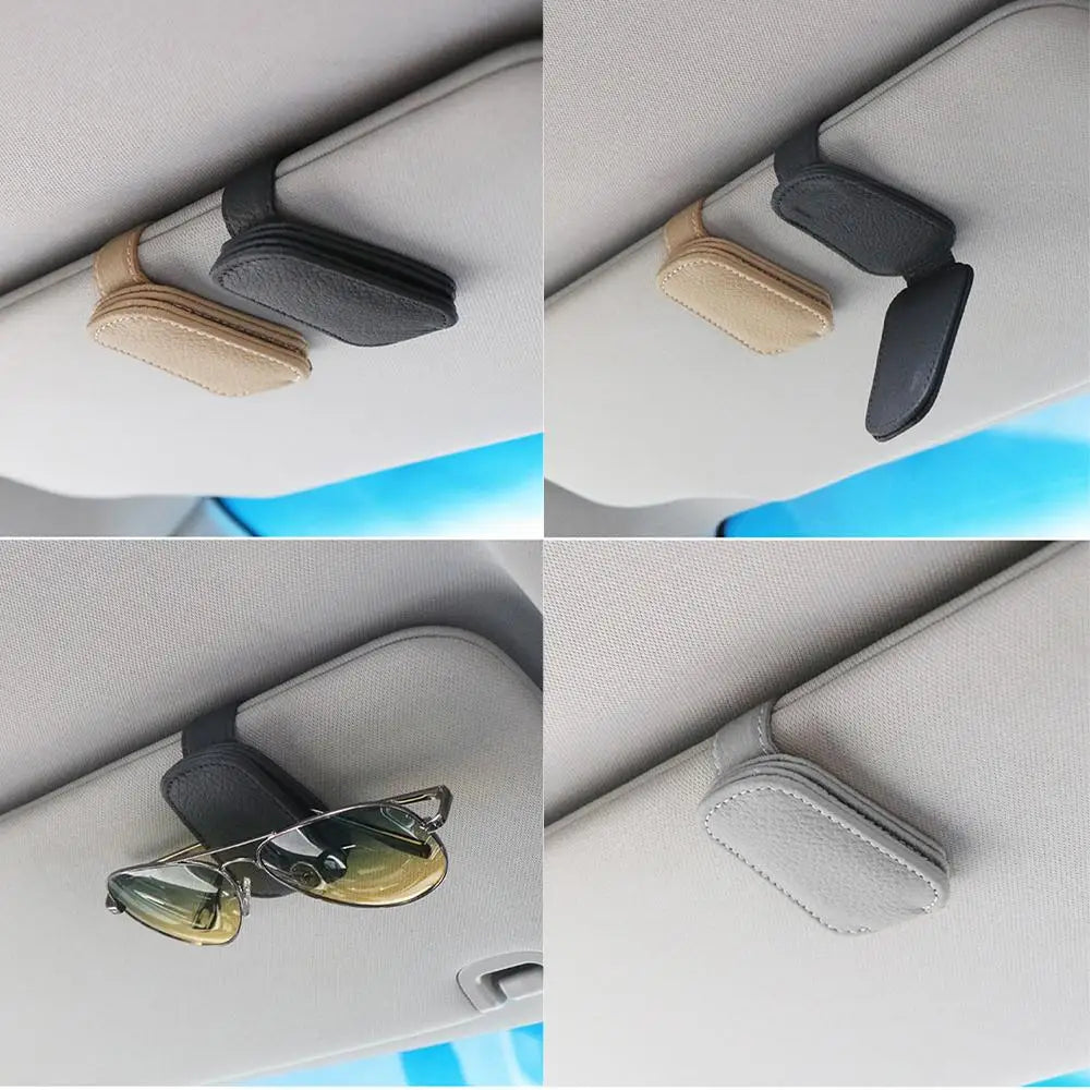 Car glasses clip holder set in black, beige, and gray on a visor mount.