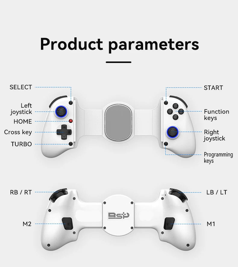 White Bluetooth phone game controller with dual sticks and face buttons