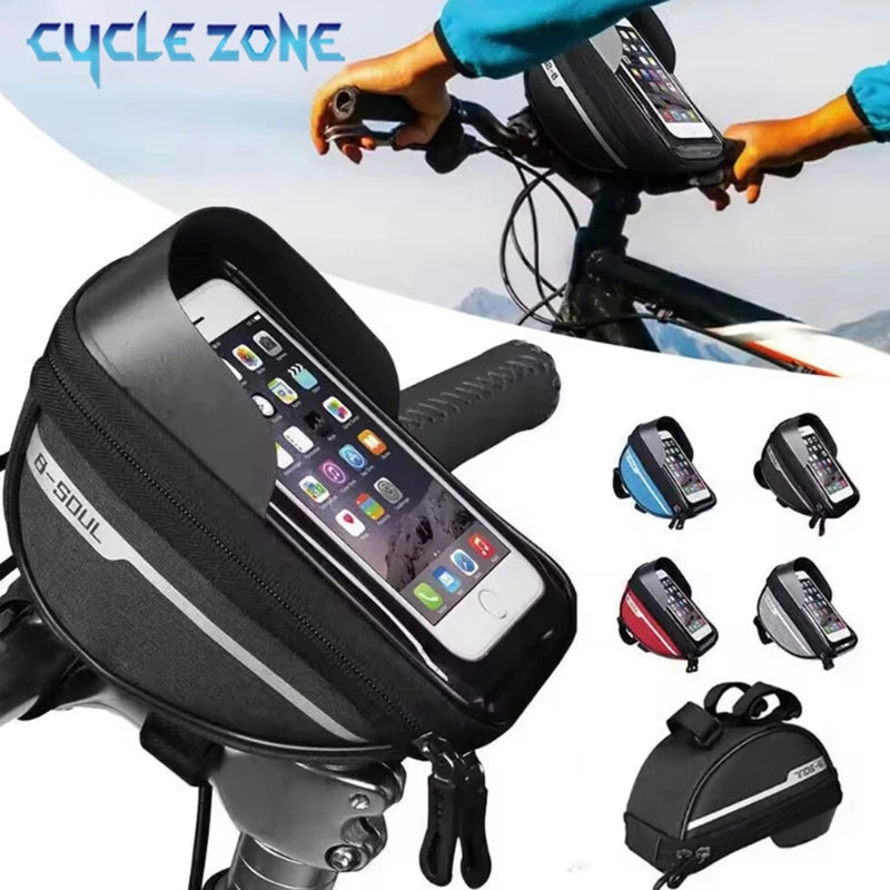 Black bike handlebar touch-screen phone bag with clear front window and zipper pocket