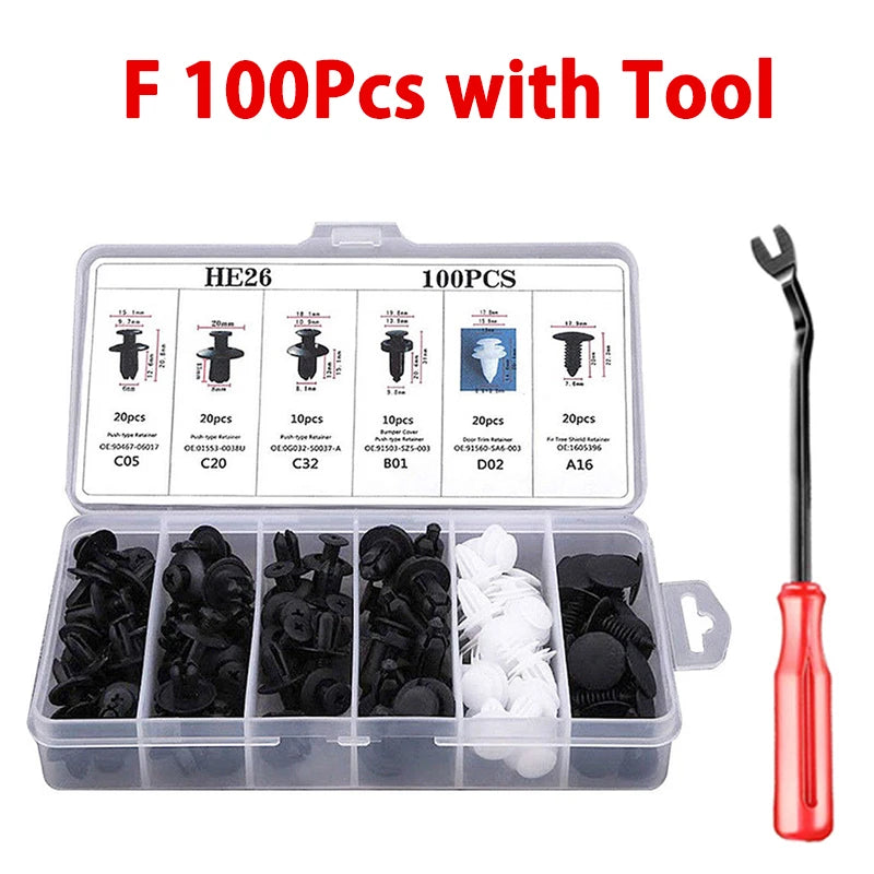 Auto push retainer clip kit 100PCS with tool, clear organizer and red pry tool