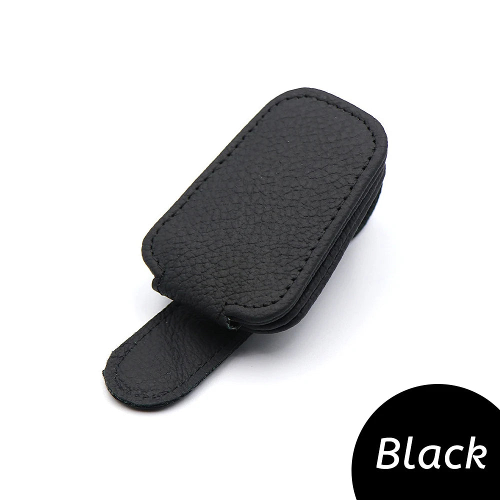 Black faux-leather car sunglasses clip holder stand with flap and loop