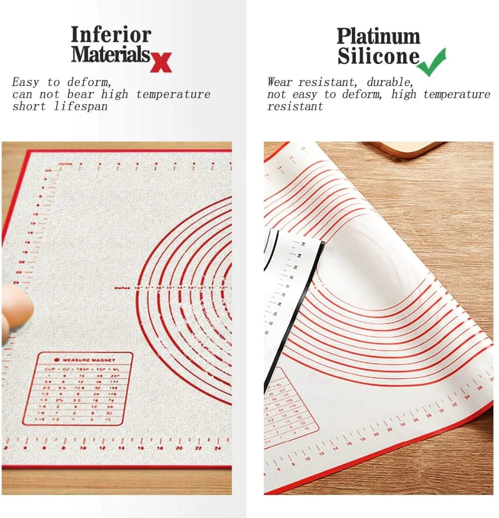 Flexible silicone dough mat close-up edge with red concentric measuring rings