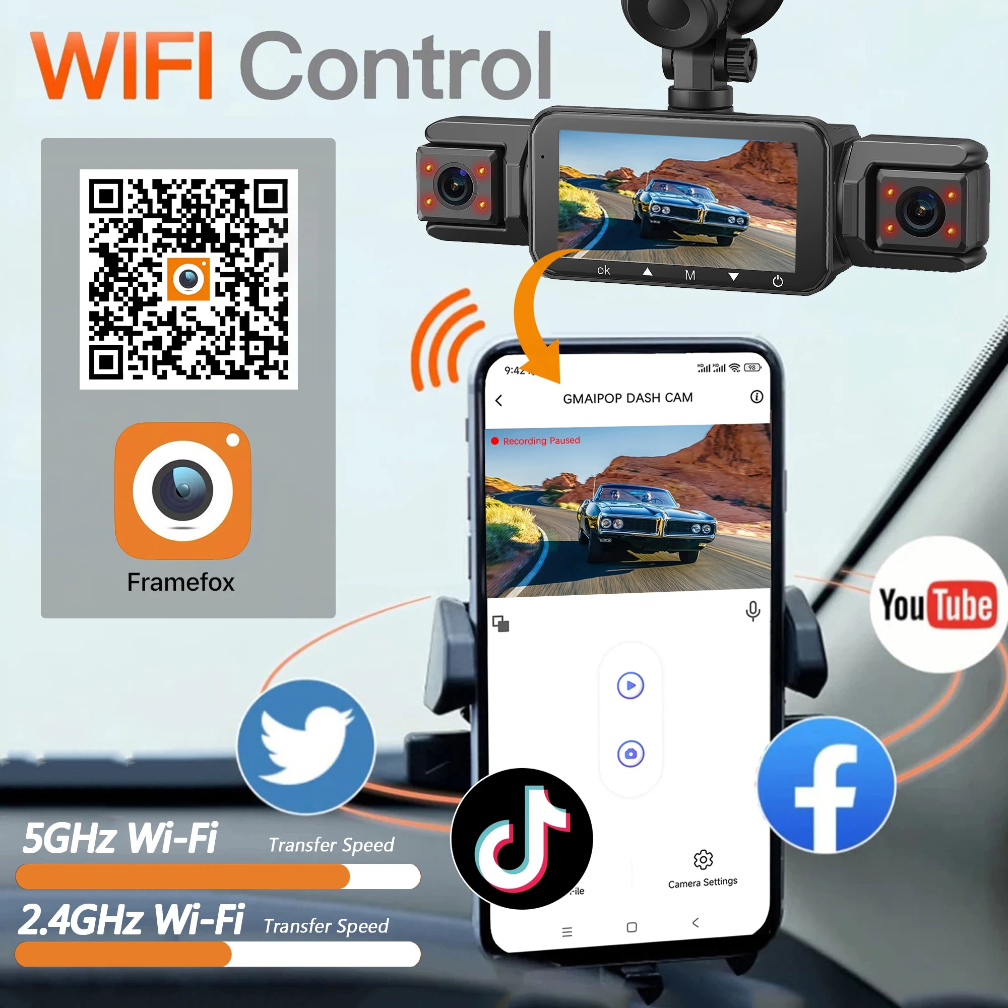 WiFi 4-channel dash cam with phone app control and connected front/rear camera units