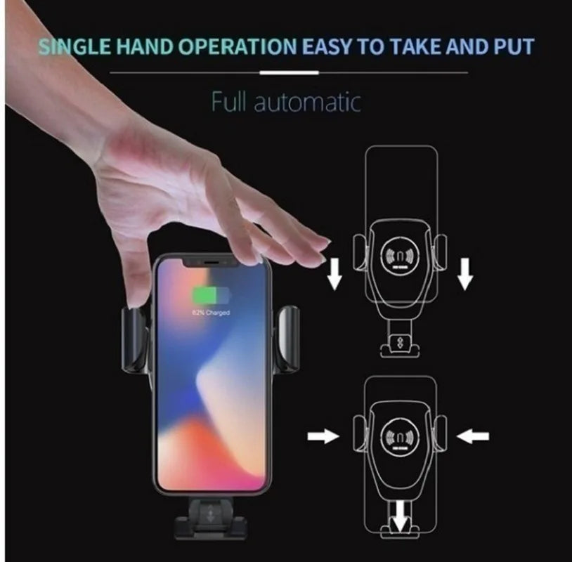 Car phone holder automatic clamp shown with hand placing phone into the cradle