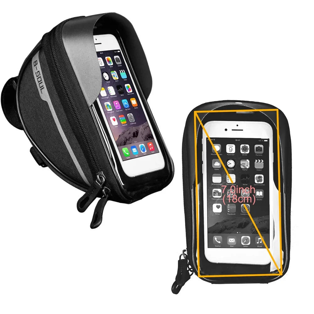 Black bike handlebar touch-screen phone bag with clear front window and zip closure