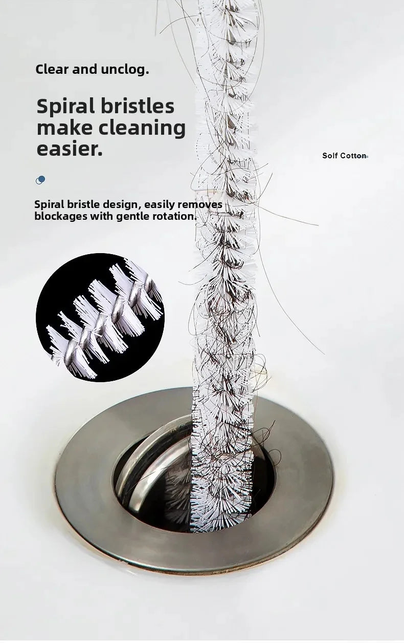 Spiral bristle drain brush standing in round sink strainer with white handle