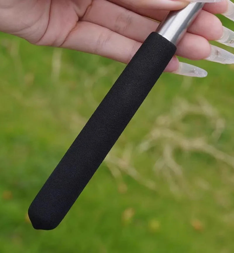 Close-up of black foam handle and metallic shaft for a telescopic mirror wiper