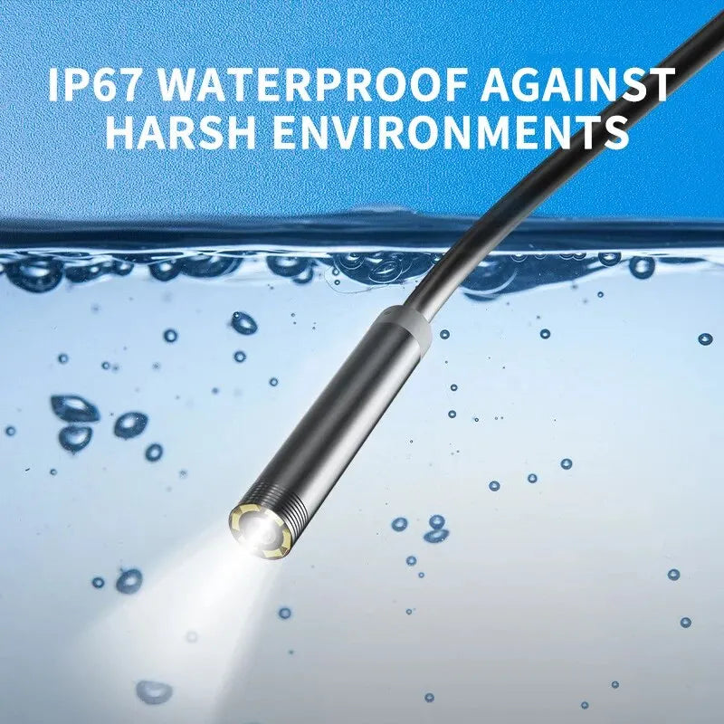 Waterproof flexible endoscope camera tip with bright LED light on metal probe