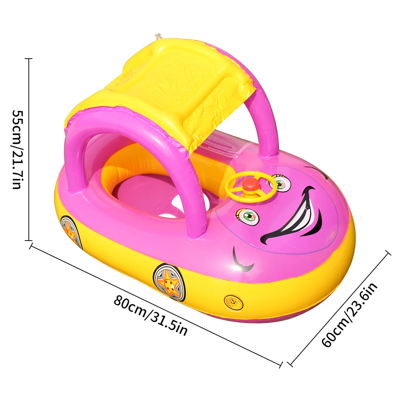Yellow and pink inflatable car-shaped toddler pool float with canopy arch and steering ring