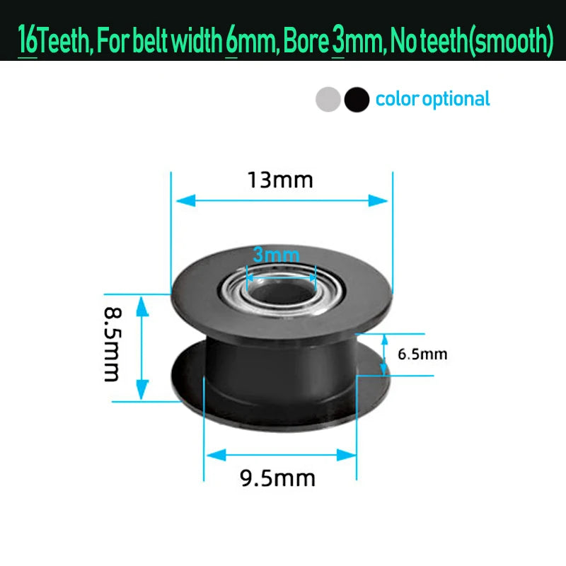 GT2 timing pulley, black, 16 teeth, smooth face, 3mm bore, 6.5mm belt width