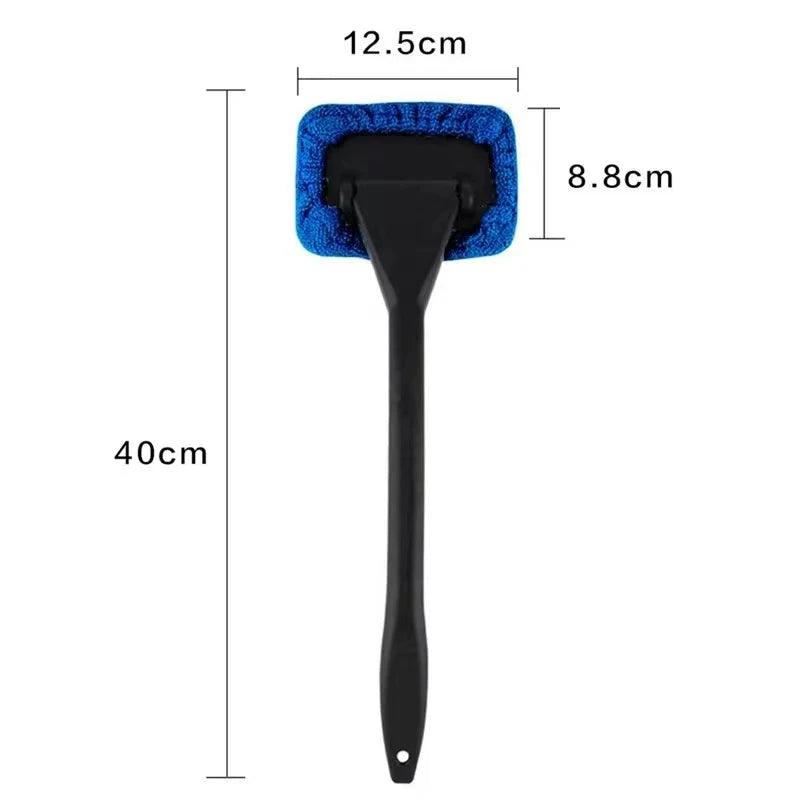 Long-handle windshield cleaning brush with blue microfiber pad, size diagram shown