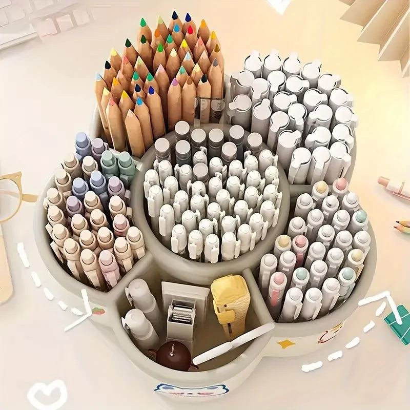Cream 3-compartment pen organizer tray filled with colored pencils and markers
