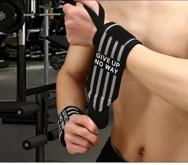 Black wrist wrap with white stripes and 'GIVE UP NO WAY' lettering